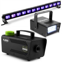 BeamZ Komplettes Halloween-Effektset mit Nebelmaschine, LED-Stroboskop und LED Blacklight Bar