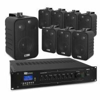 Power Dynamics Installationslautsprecher-Set – Set aus 8 Lautsprechern und Verstärker – Bluetooth – 100 V – Schwarz