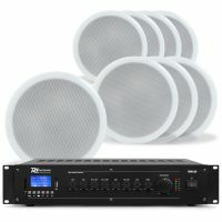 Power Dynamics 100-V-Deckenlautsprecher-Set – 8 weiße Einbaulautsprecher mit Verstärker – Bluetooth – 120 Watt